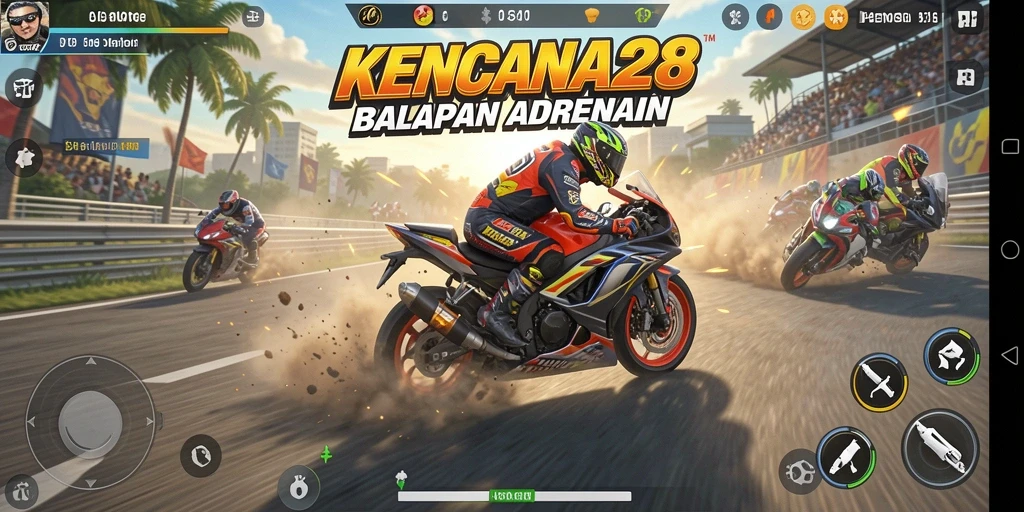 Screenshot gameplay KENCANA28 yang menunjukkan aksi balapan motor yang mendebarkan.