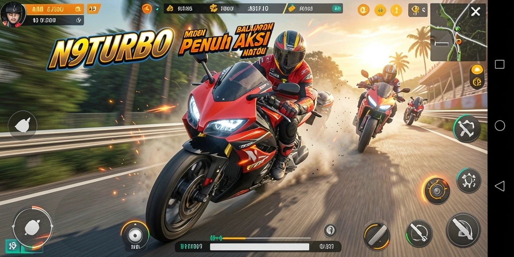 Tampilan gameplay N9TURBO yang seru dan menegangkan saat balapan motor.