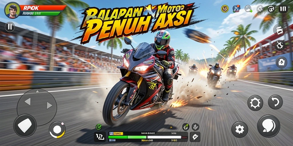 Tampilan gameplay mendebarkan di RPOK dengan balapan motor yang seru.