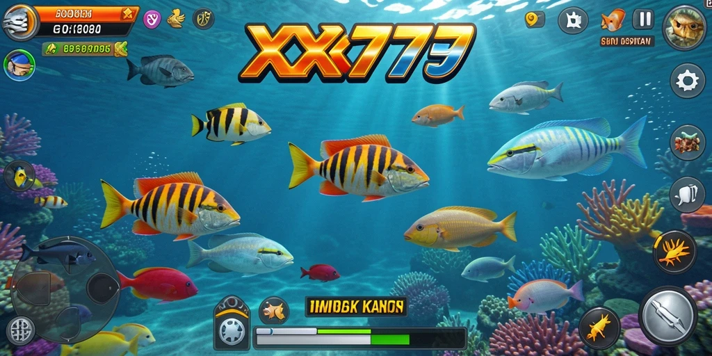 Screenshot utama XXX777 menampilkan aksi seru menembak ikan.