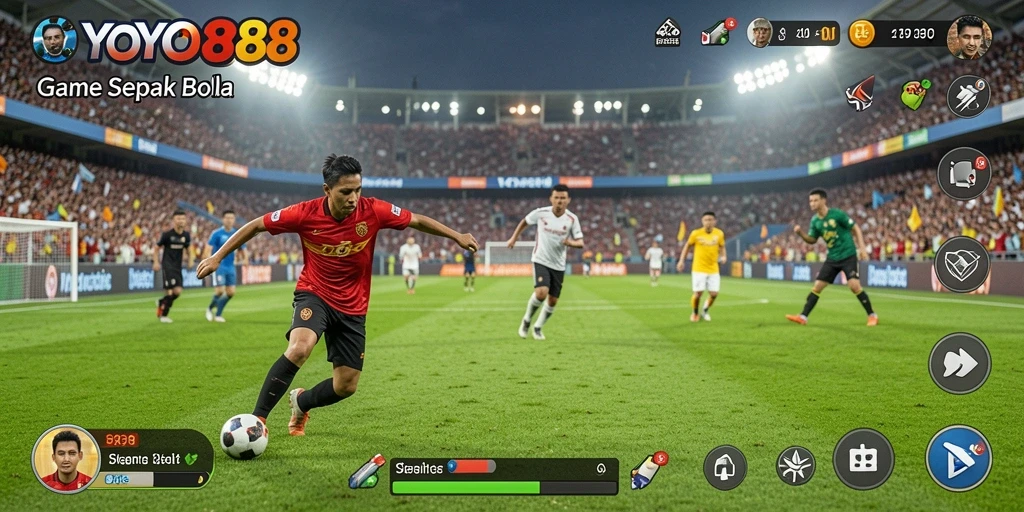 Screenshot utama YOYO88 menunjukkan aksi seru di lapangan sepak bola.